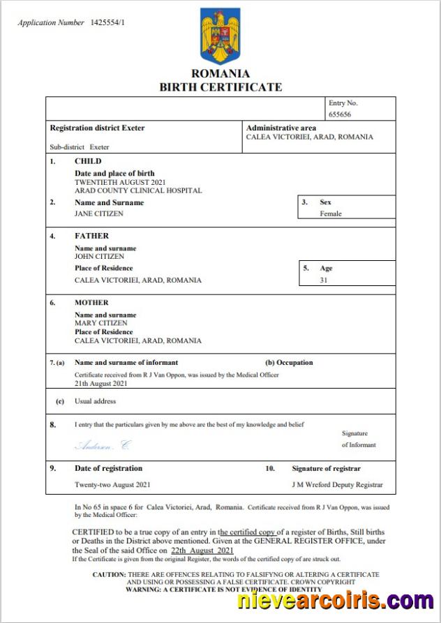 Romania birth certificate